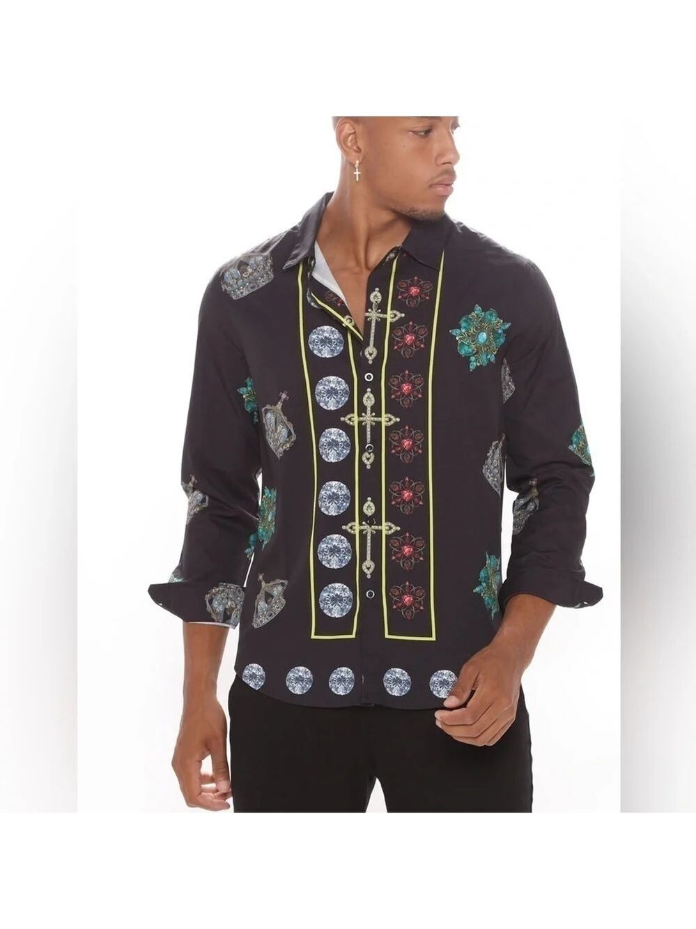 Men’s NovaMen Bless Jewels Long Sleeve Button Down Shirt. Size Small